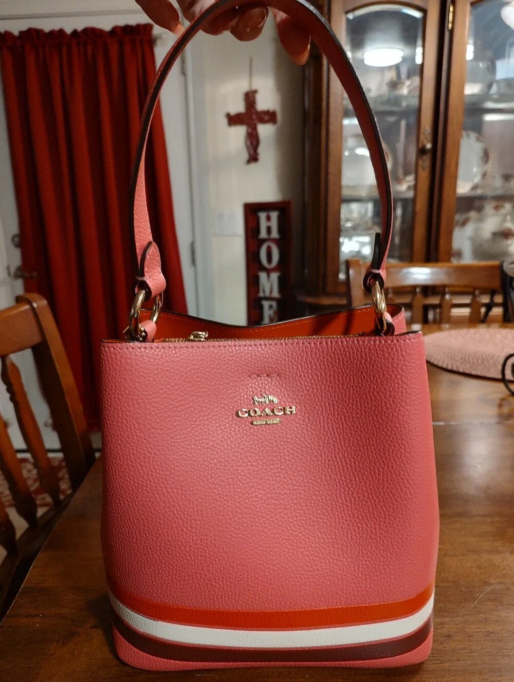 Coach Pink Pebbled Leather Shoulder Bag with Stripe Trim